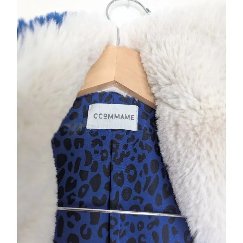 COMMAMME Faux Fur Coat Medium M Navy Blue Cream Glam Mob Wife Luxury Jacket